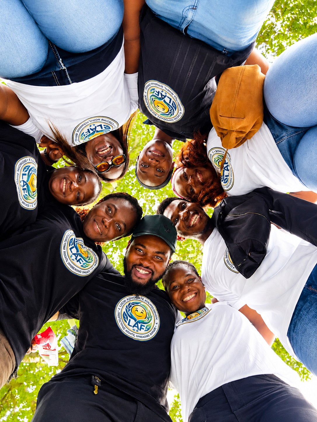 The Luchi Advocate Foundation team gathered in a huddle, wearing LAF branded shirts
